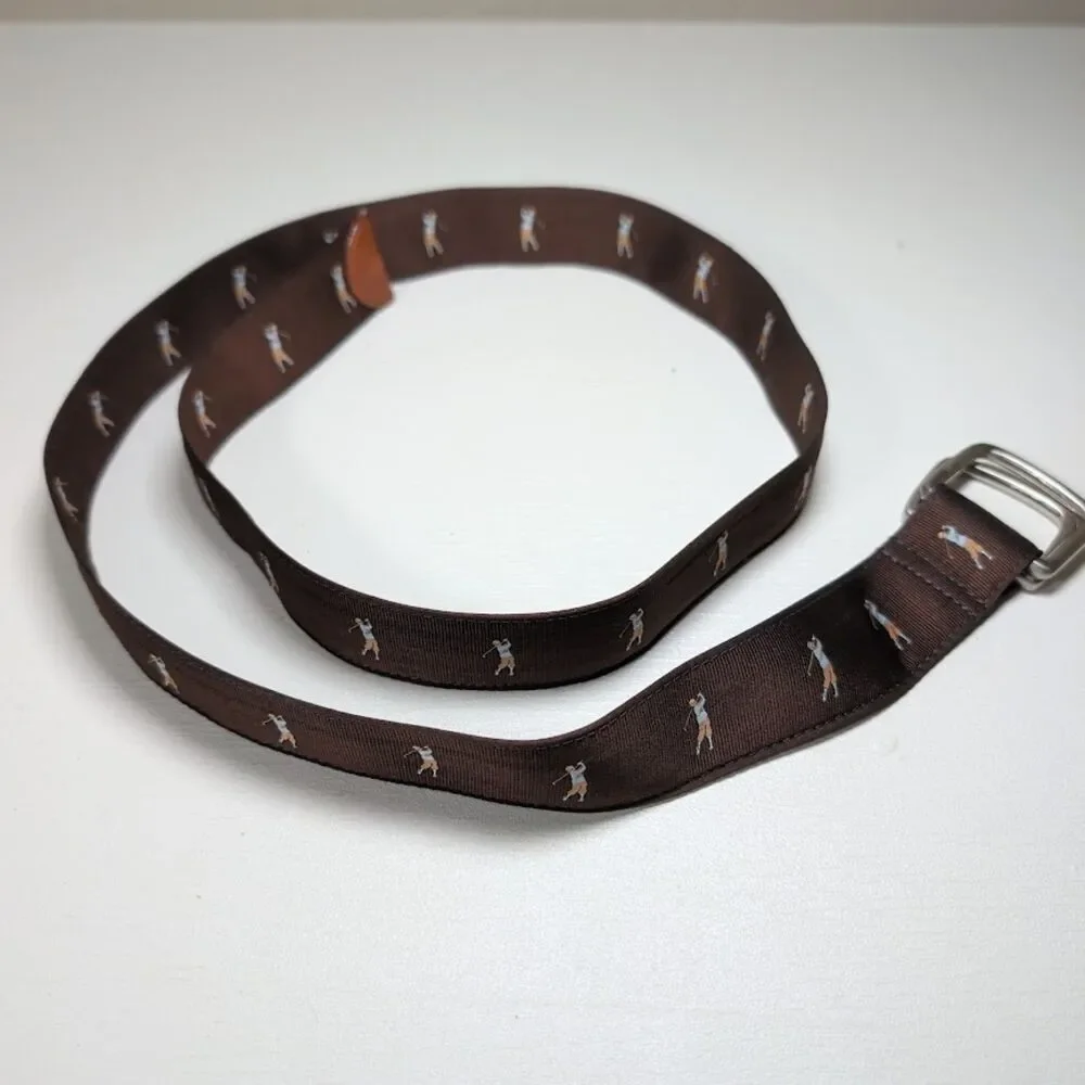Size 36 Bobby Jones Men's Brown Ribbon Belt – Embroidered Golfer – D-Ring Buckle
